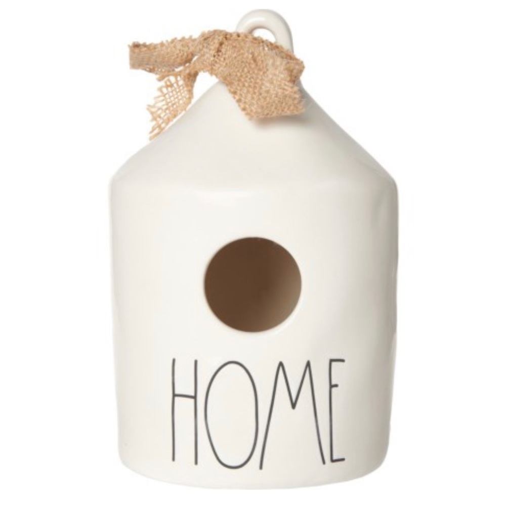 NIB Rae Dunn HOME Birdhouse-White/Cream with Tan Raffia Like Bow Flowers